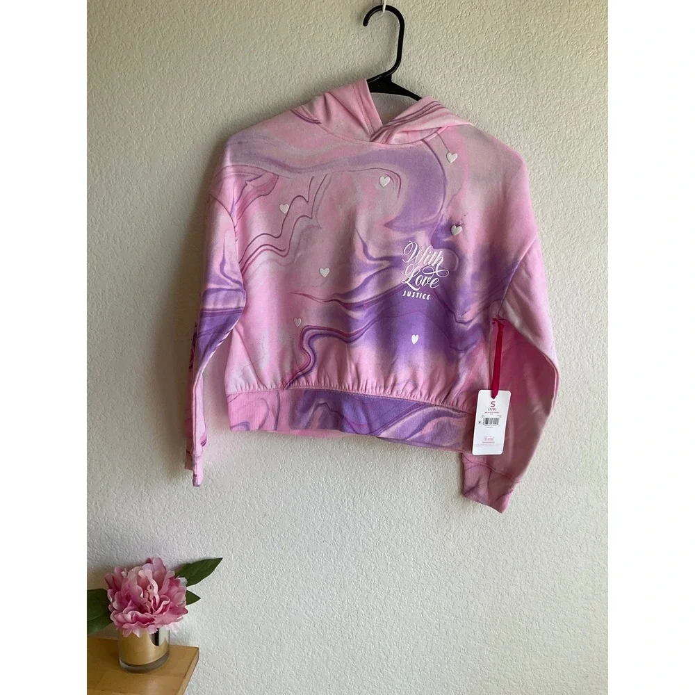 Justice Girls Pink Purple Marble Swirl Hoodie With Love Hearts Size S 7/8‎ NWT